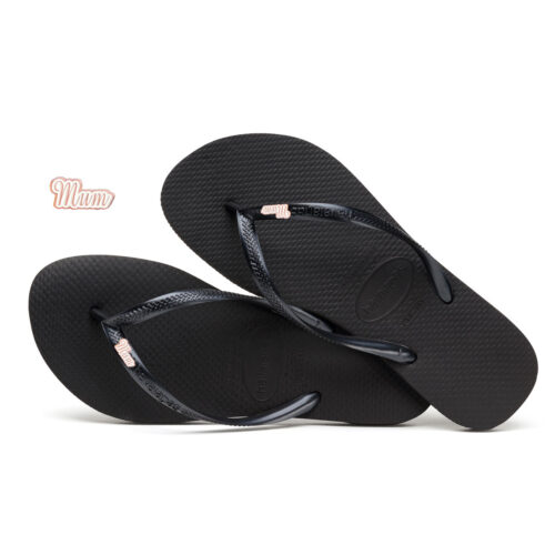 Havaianas Black Slim Flip Flops Rose Gold Mum Charm